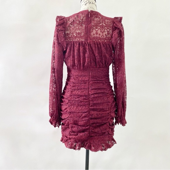 Lace Embroidered Sheer Detail Ruffle Ruched High Waist Mini Dress Maroon Small - Picture 2 of 14